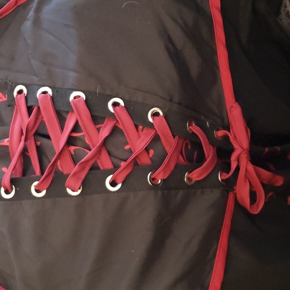 Goth Witch/Vampire Corset Gown w/Burgandy Bat Print Collar & Long Sleeves SZ 12 - Picture 4 of 11